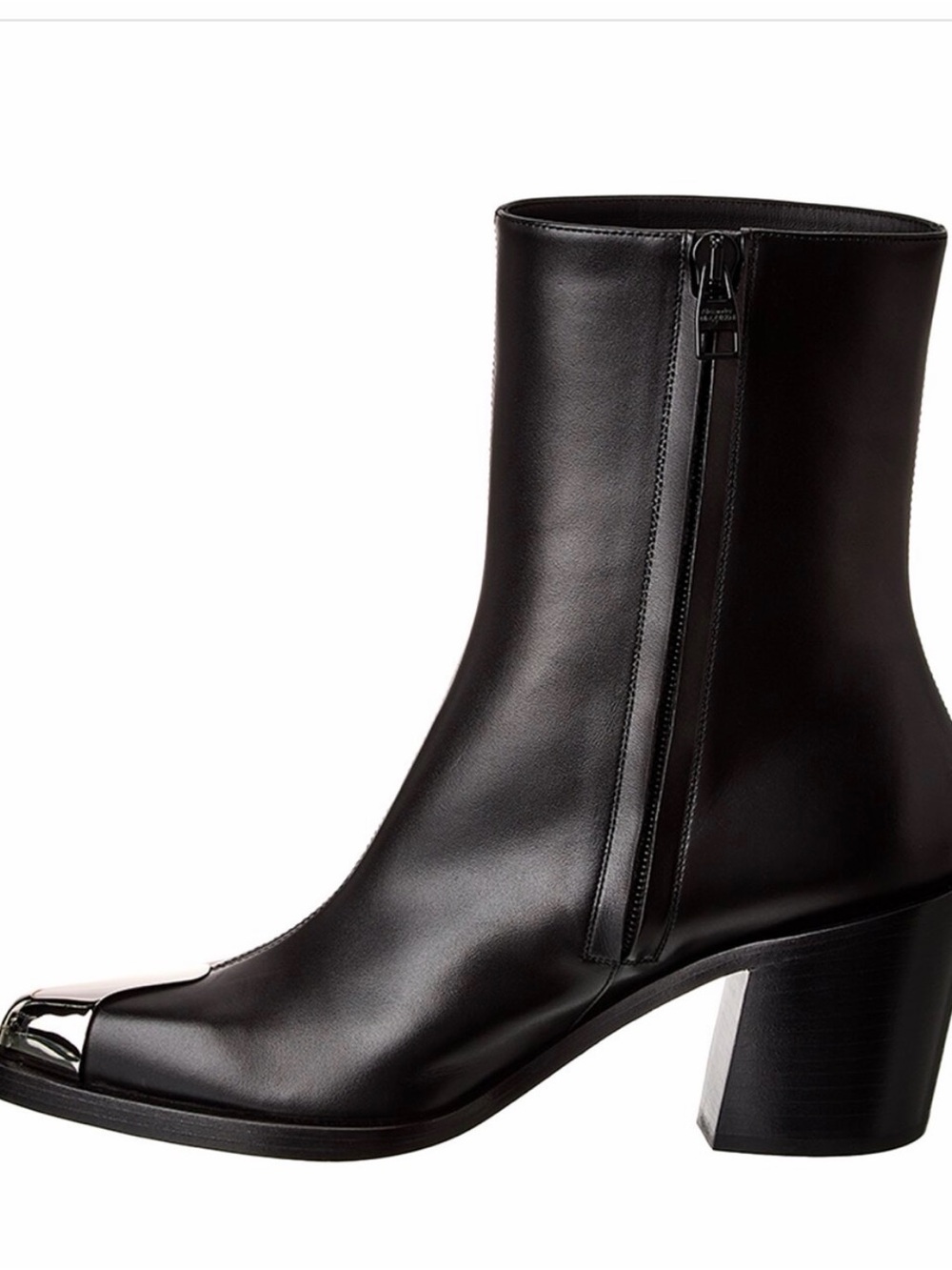 Alexander McQueen Black Leather Ankle Boot with Metallic Silver Toe - Picture 2 of 11